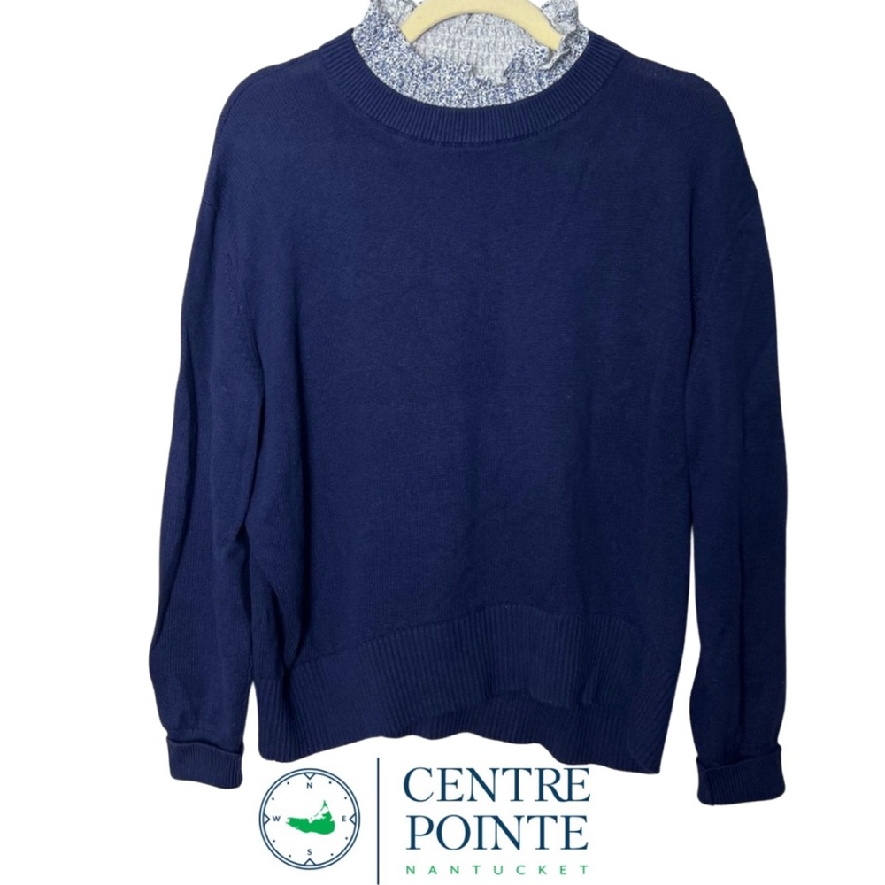 CENTRE POINT NANTUCKET - Navy Cotton Women's Sweater with Dickey Collar, Size M